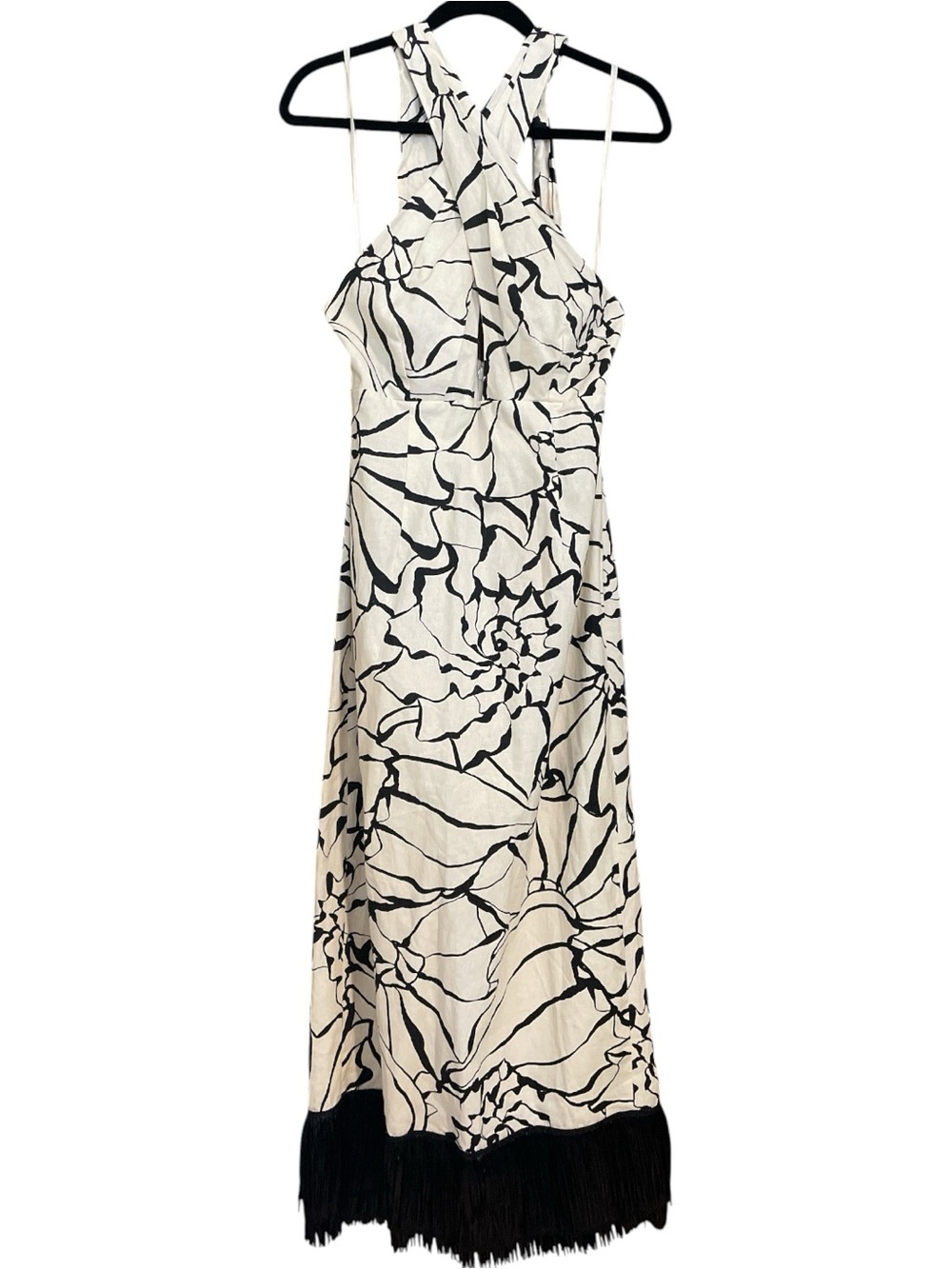 ANTONIO MELANI X M.G.
Style Black/Cream Halter
Midi Dress w/ raffia Fringe sz 6